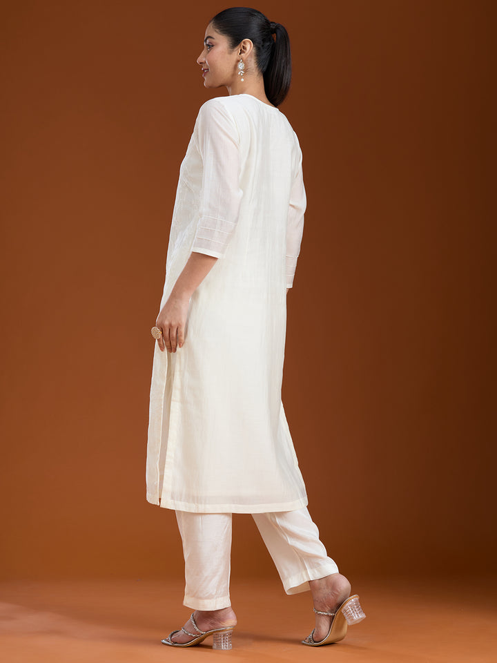Cream Rani Pink Chanderi Threadwork Straight Kurta With Pant Regular And Dupatta