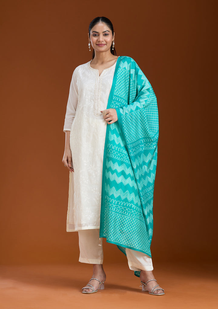 Cream Threadwork Chanderi Readymade Salwar Suit