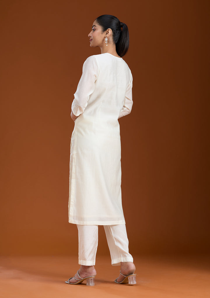 Cream Threadwork Chanderi Readymade Salwar Suit