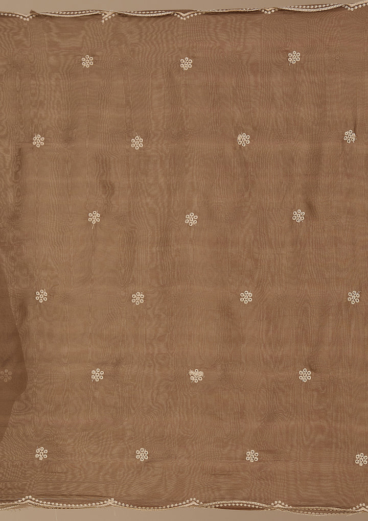 Beige Brown Chanderi Threadwork Straight Kurta With Regular Pant And Dupatta