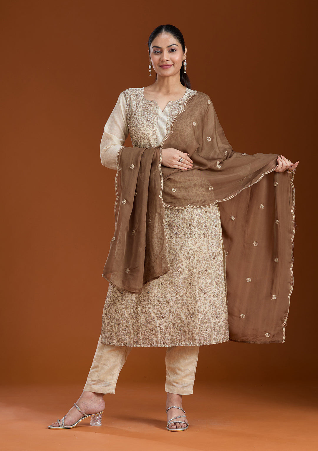 Beige Brown Chanderi Threadwork Straight Kurta With Regular Pant And Dupatta