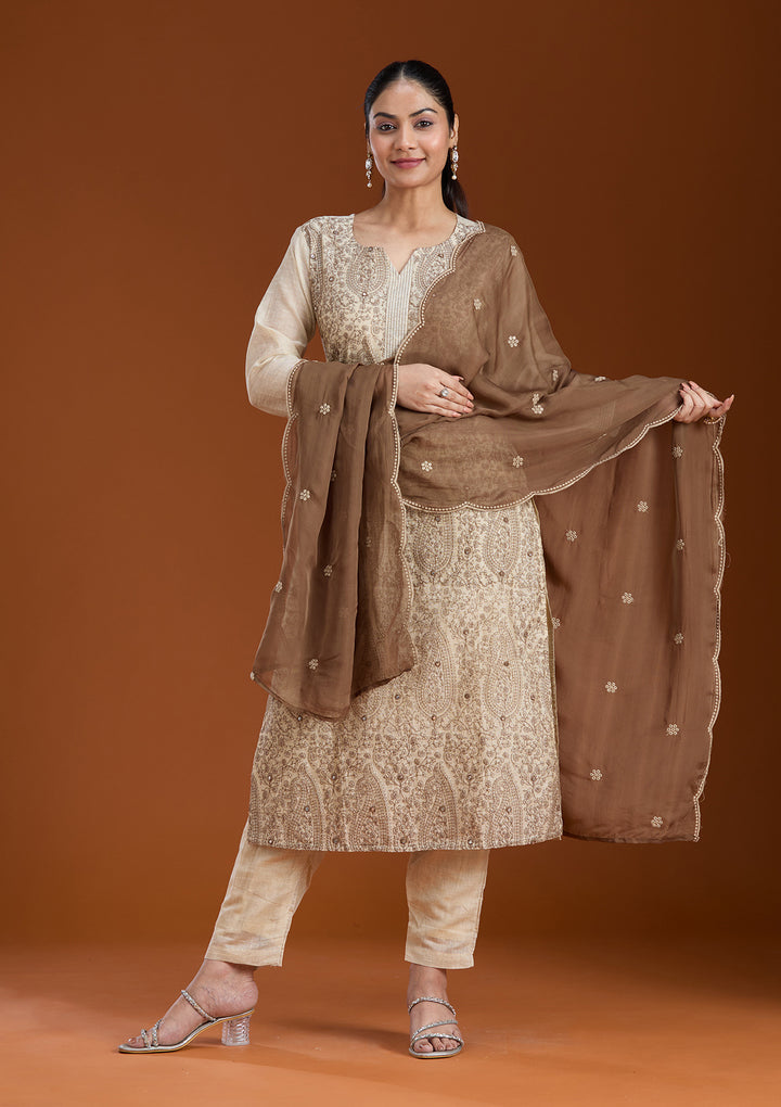 Beige Brown Chanderi Threadwork Straight Kurta With Regular Pant And Dupatta