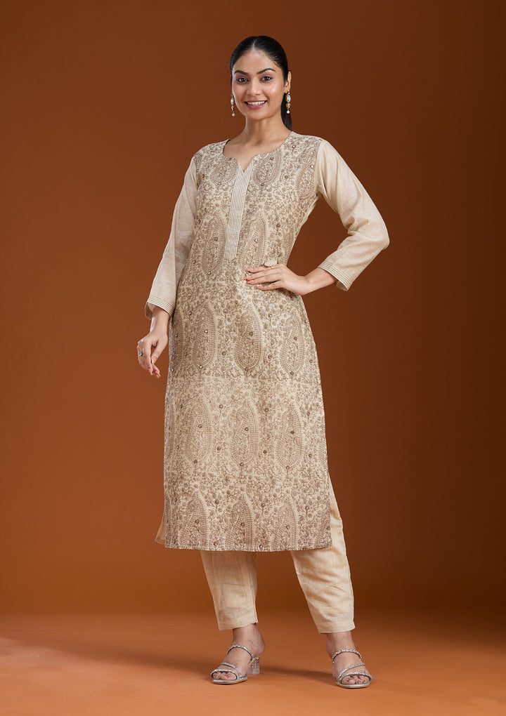 Beige Brown Chanderi Threadwork Straight Kurta With Regular Pant And Dupatta