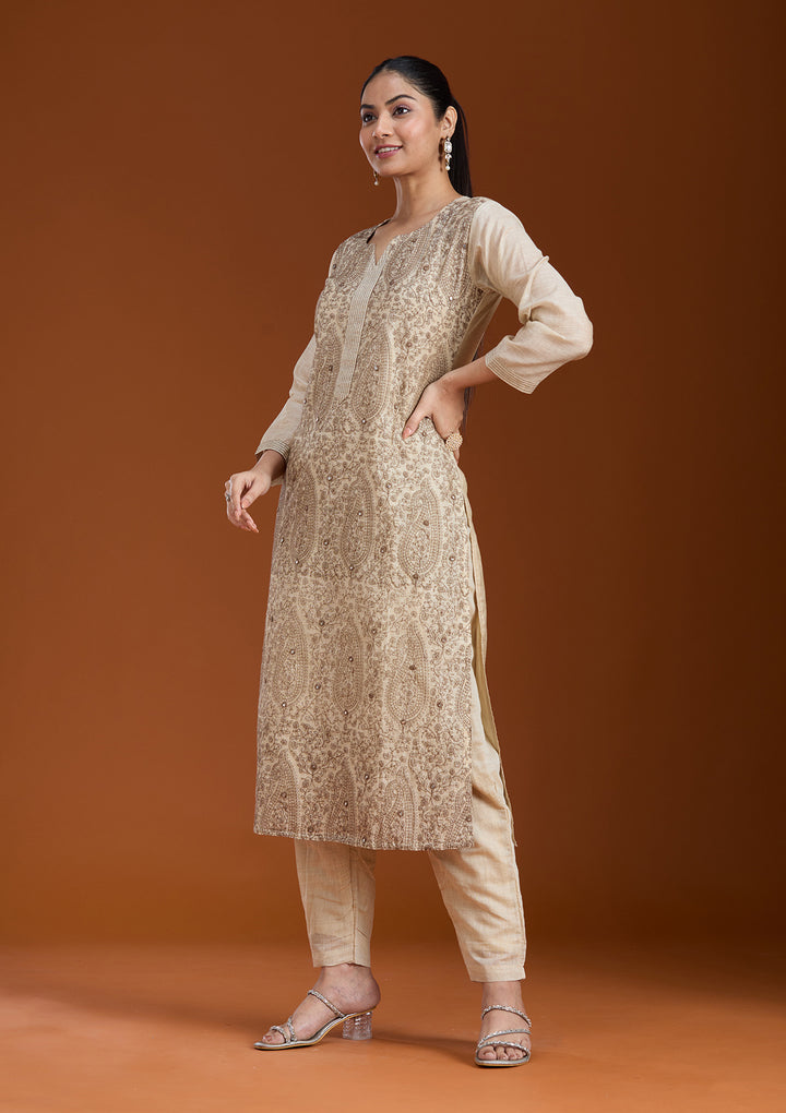 Beige Brown Chanderi Threadwork Straight Kurta With Regular Pant And Dupatta