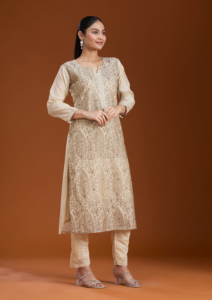 Beige Brown Chanderi Threadwork Straight Kurta With Regular Pant And Dupatta