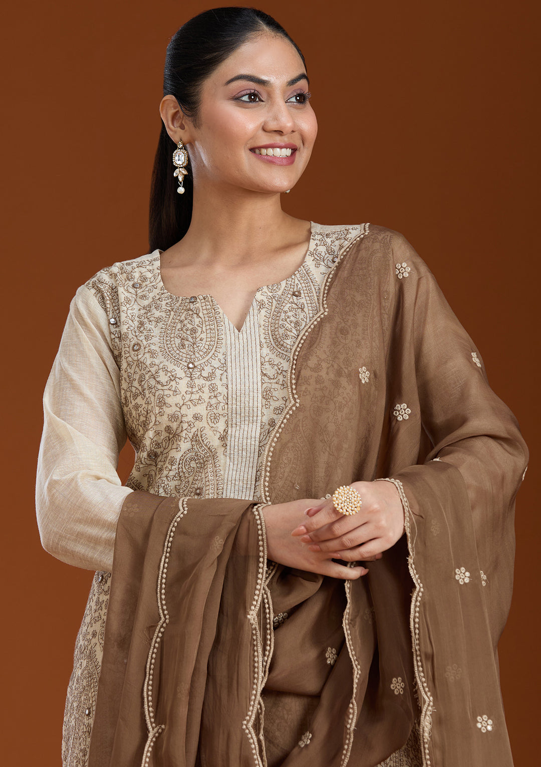 Beige Brown Chanderi Threadwork Straight Kurta With Regular Pant And Dupatta