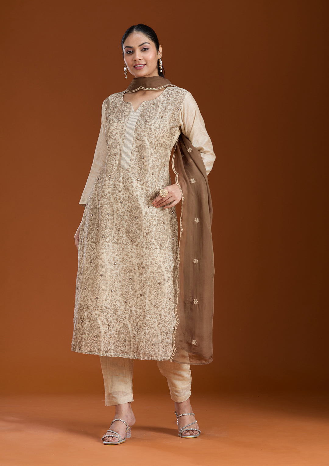 Beige Brown Chanderi Threadwork Straight Kurta With Regular Pant And Dupatta