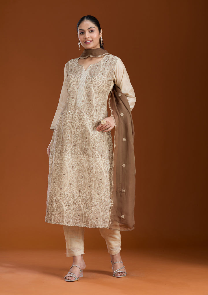 Beige Brown Chanderi Threadwork Straight Kurta With Regular Pant And Dupatta