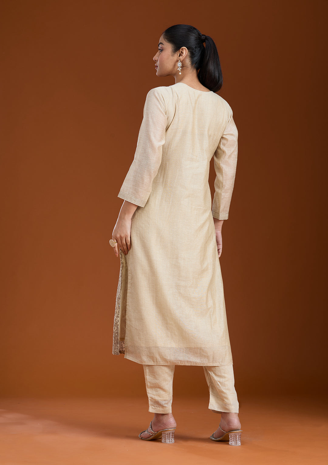 Beige Brown Chanderi Threadwork Straight Kurta With Regular Pant And Dupatta