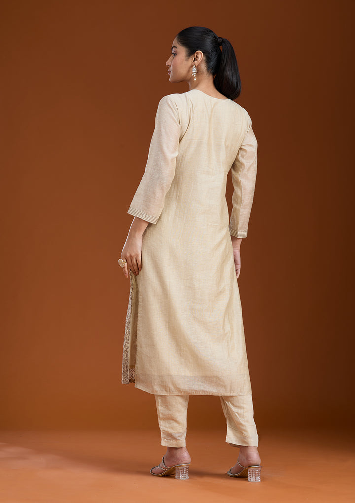 Beige Brown Chanderi Threadwork Straight Kurta With Regular Pant And Dupatta