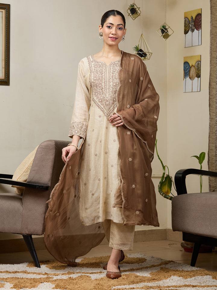 Beige Brown Chanderi Threadwork Straight Kurta With Pant Regular And Dupatta