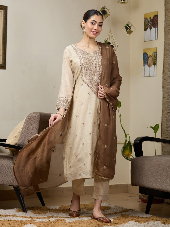 Beige Brown Chanderi Threadwork Straight Kurta With Pant Regular And Dupatta