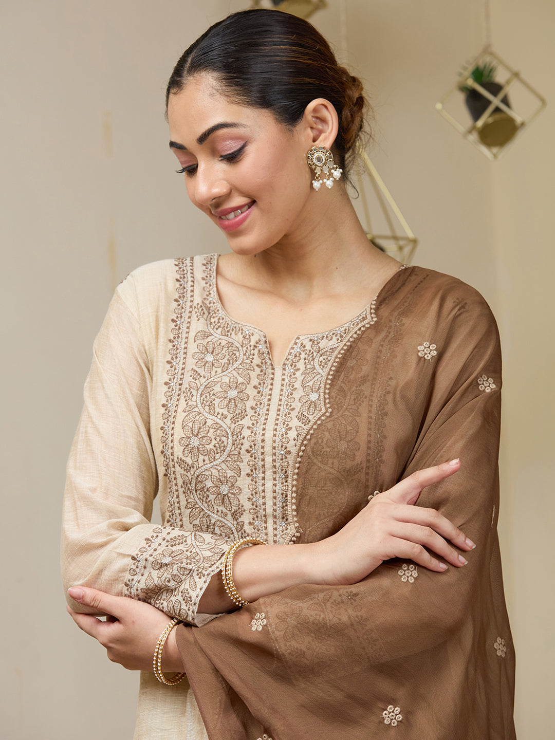 Beige Brown Chanderi Threadwork Straight Kurta With Pant Regular And Dupatta