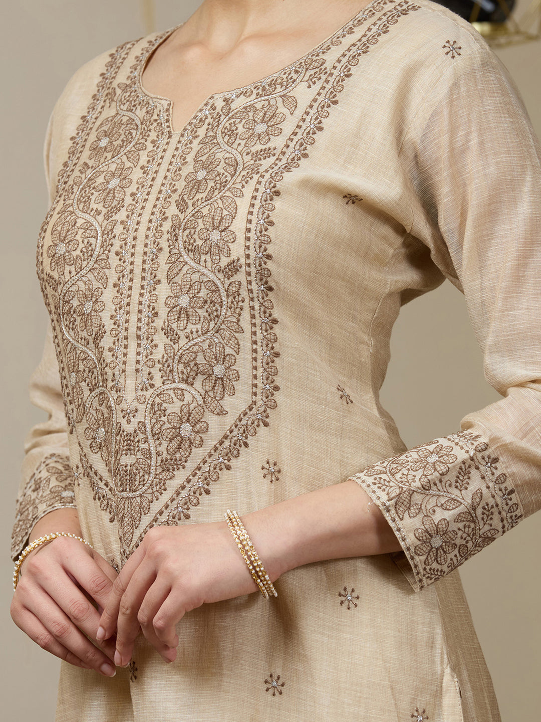 Beige Brown Chanderi Threadwork Straight Kurta With Pant Regular And Dupatta