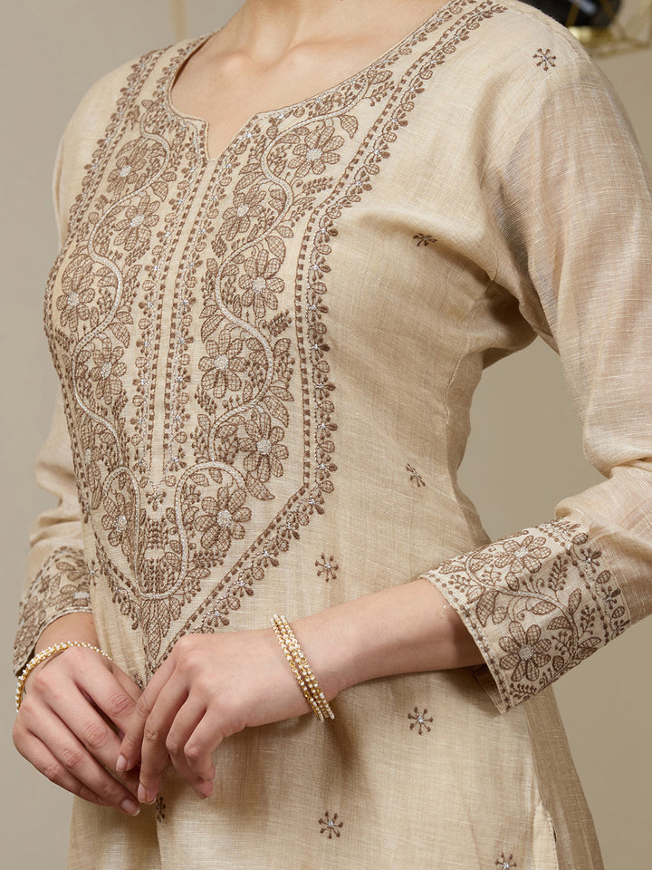 Beige Brown Chanderi Threadwork Straight Kurta With Pant Regular And Dupatta