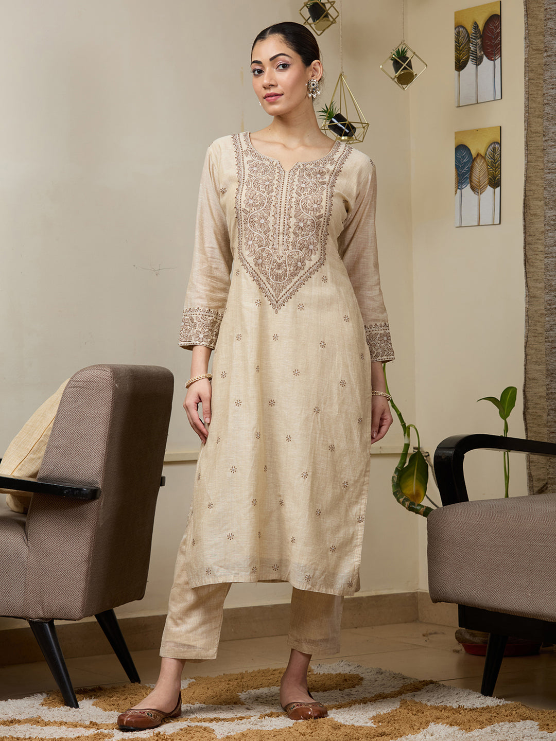 Beige Brown Chanderi Threadwork Straight Kurta With Pant Regular And Dupatta