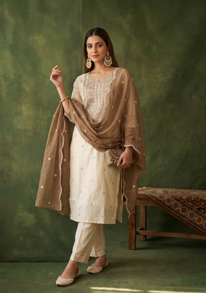 Beige Threadwork Chanderi Readymade Salwar Suit