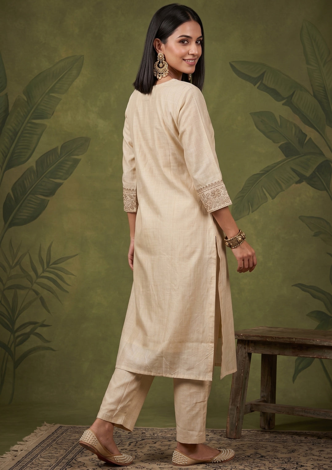 Beige Threadwork Chanderi Readymade Salwar Suit