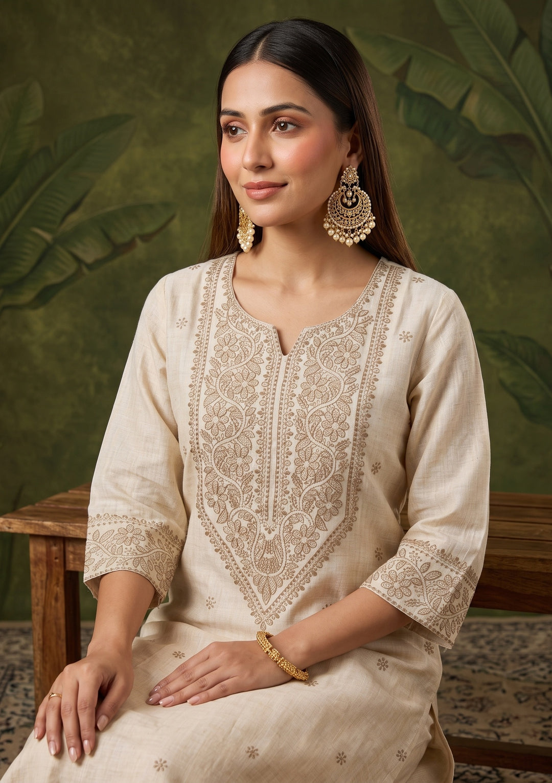 Beige Threadwork Chanderi Readymade Salwar Suit