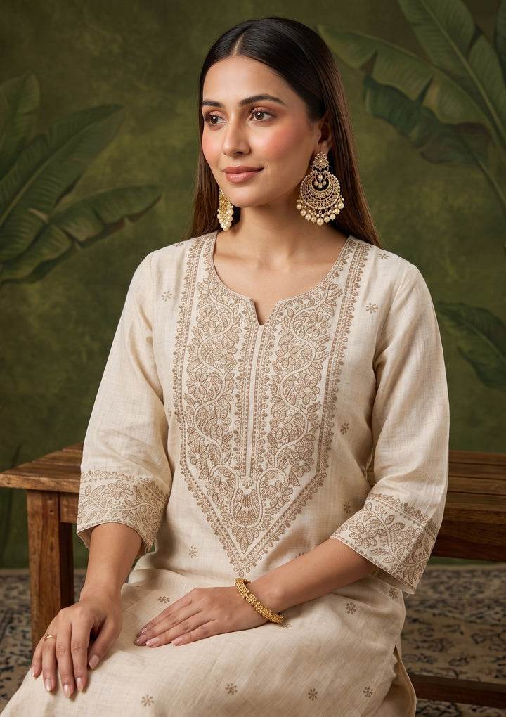 Beige Threadwork Chanderi Readymade Salwar Suit