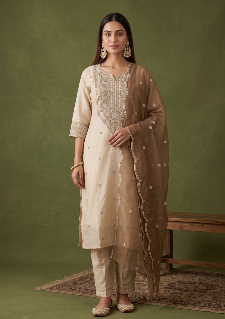 Beige Threadwork Chanderi Readymade Salwar Suit