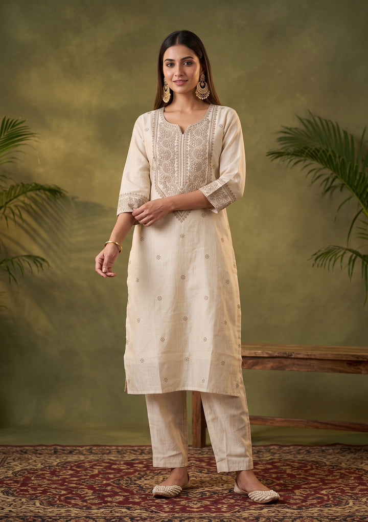 Beige Threadwork Chanderi Readymade Salwar Suit