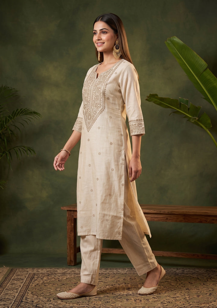Beige Threadwork Chanderi Readymade Salwar Suit