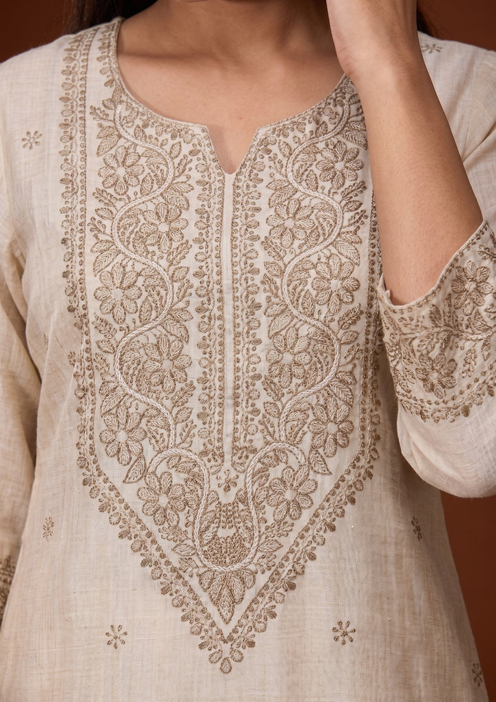 Beige Threadwork Chanderi Readymade Salwar Suit