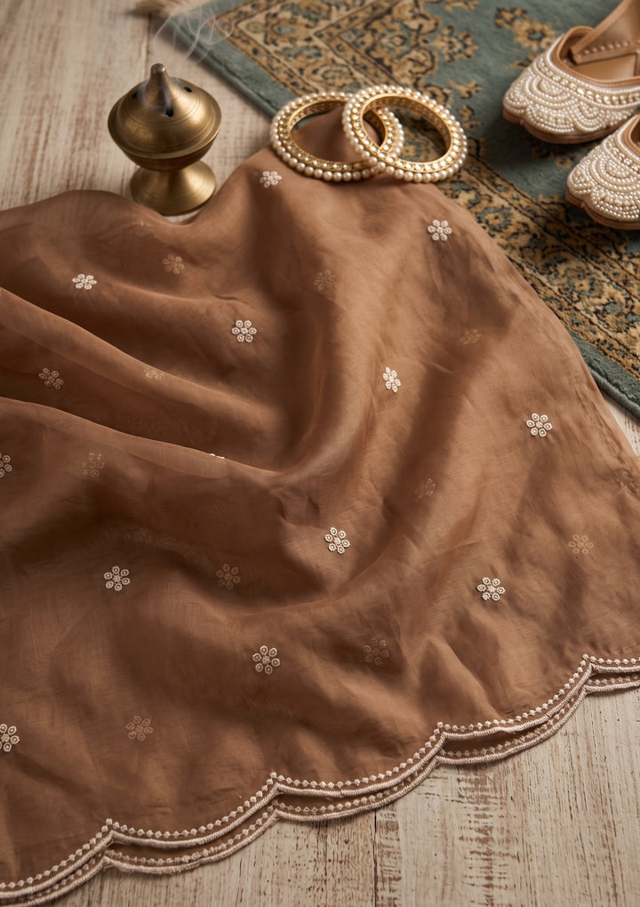 Beige Threadwork Chanderi Readymade Salwar Suit