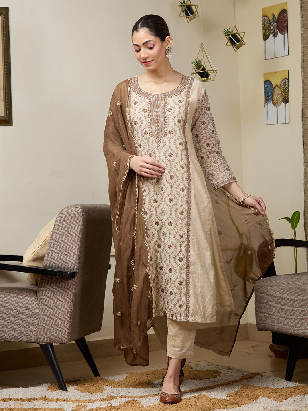 Beige Threadwork Chanderi Readymade Salwar Suit