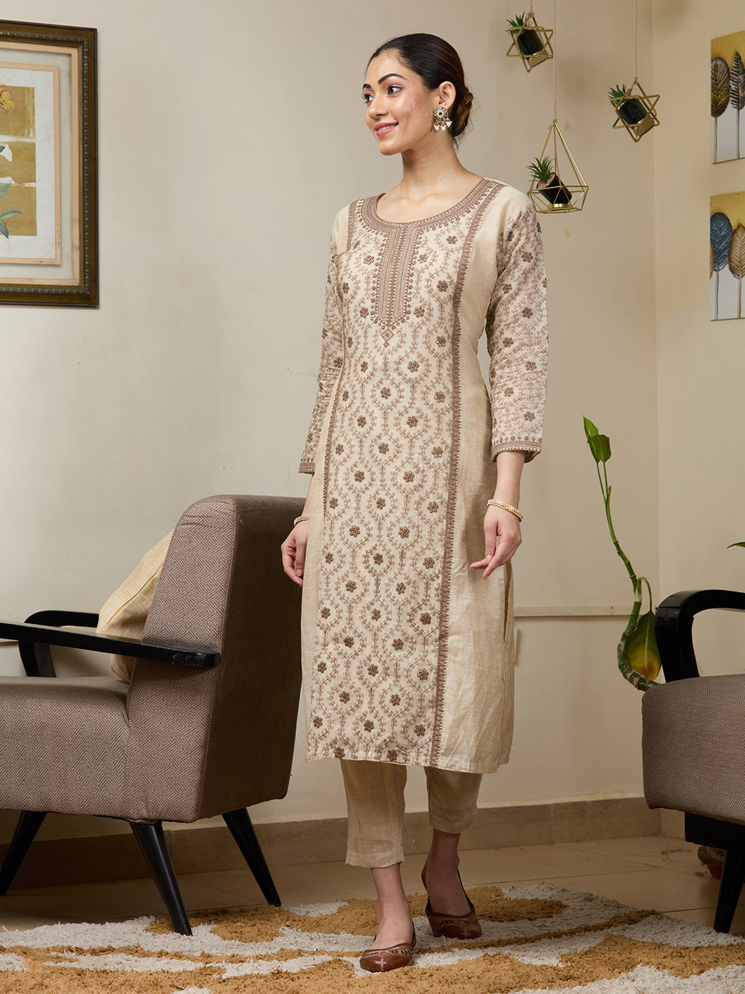 Beige Threadwork Chanderi Readymade Salwar Suit