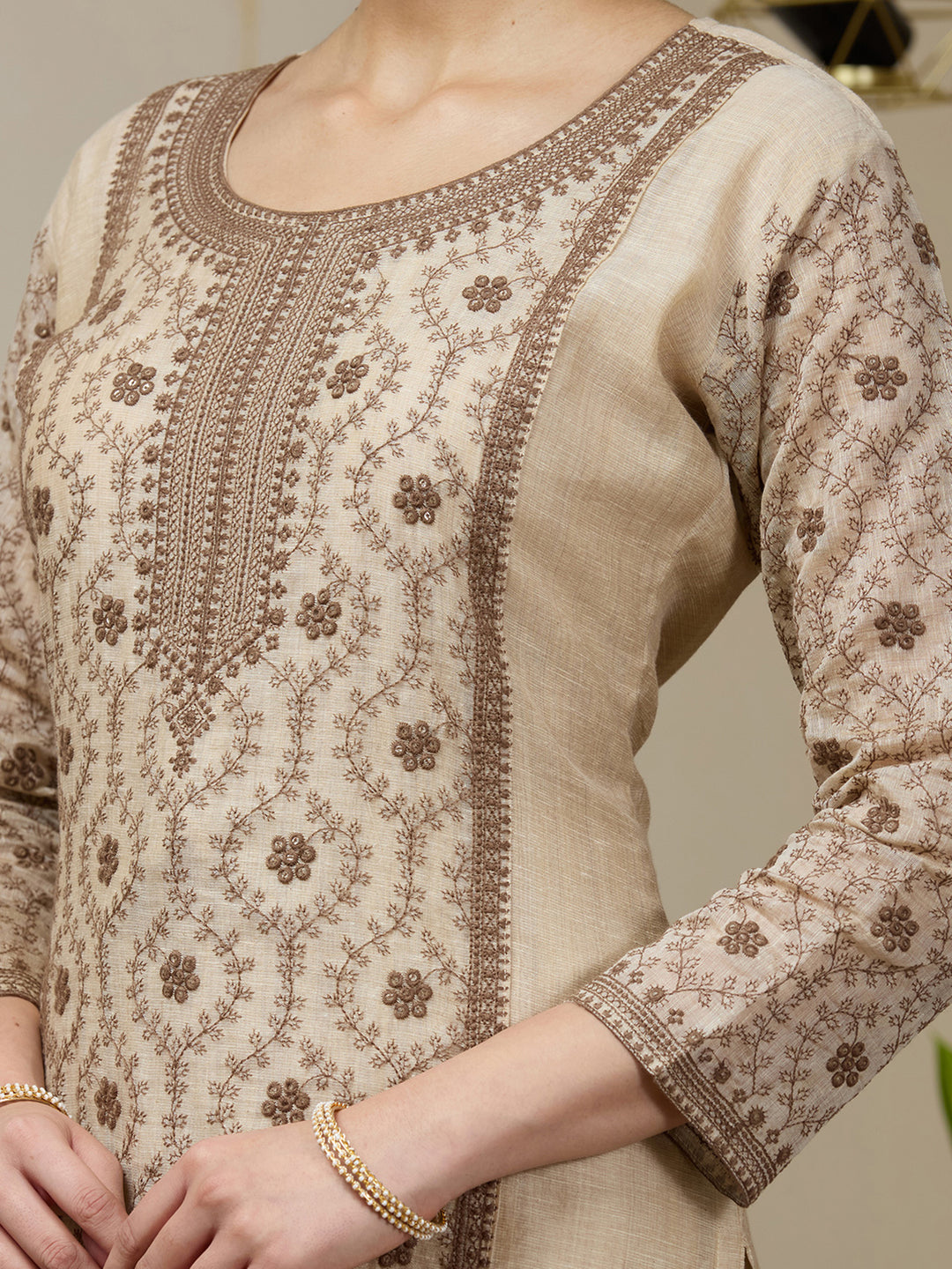 Beige Threadwork Chanderi Readymade Salwar Suit
