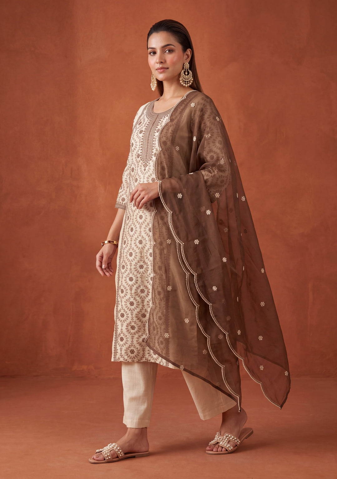 Beige Threadwork Chanderi Readymade Salwar Suit