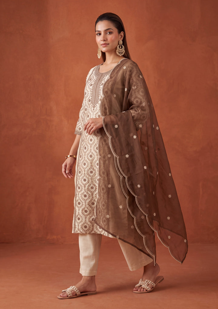 Beige Threadwork Chanderi Readymade Salwar Suit