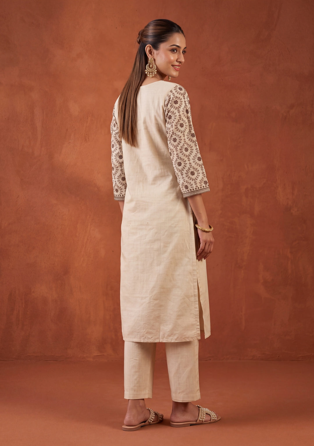 Beige Threadwork Chanderi Readymade Salwar Suit