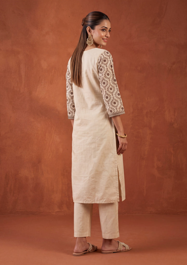 Beige Threadwork Chanderi Readymade Salwar Suit