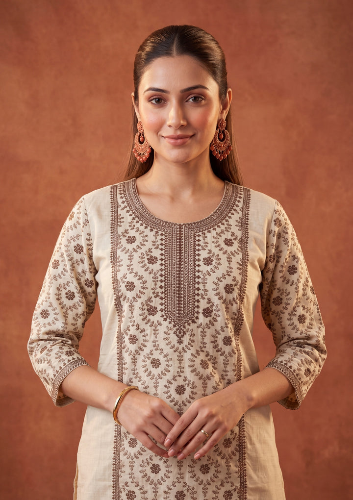 Beige Threadwork Chanderi Readymade Salwar Suit