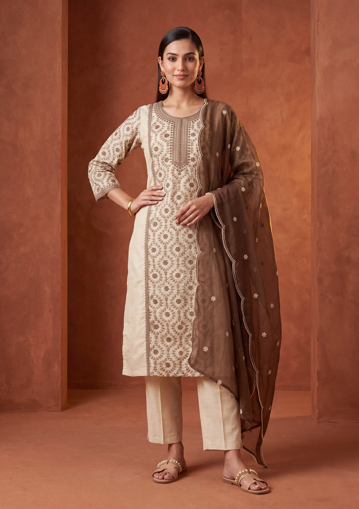 Beige Threadwork Chanderi Readymade Salwar Suit