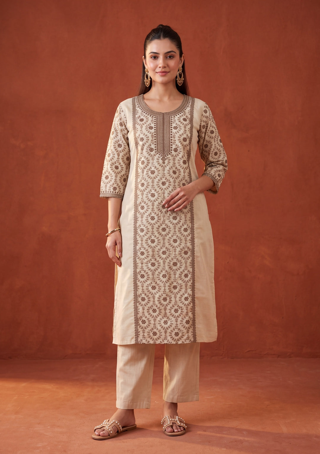 Beige Threadwork Chanderi Readymade Salwar Suit
