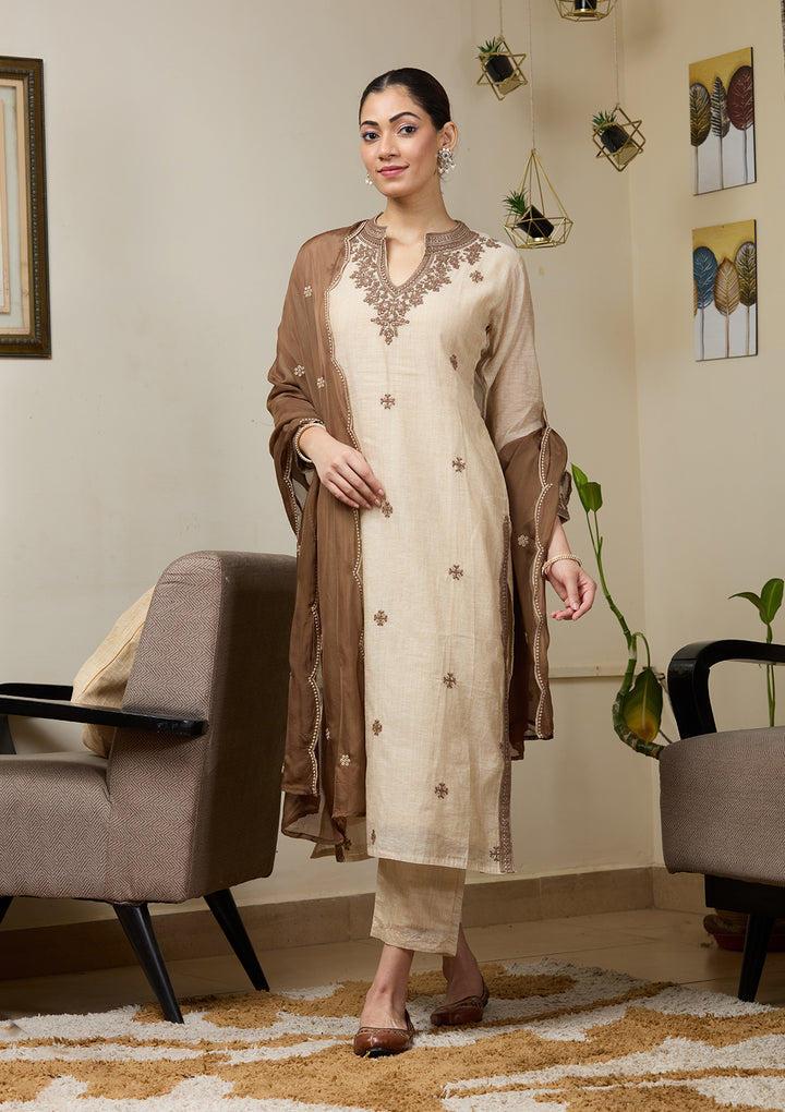 Beige Brown Chanderi Threadwork Straight Kurta With Pant Regular And Dupatta
