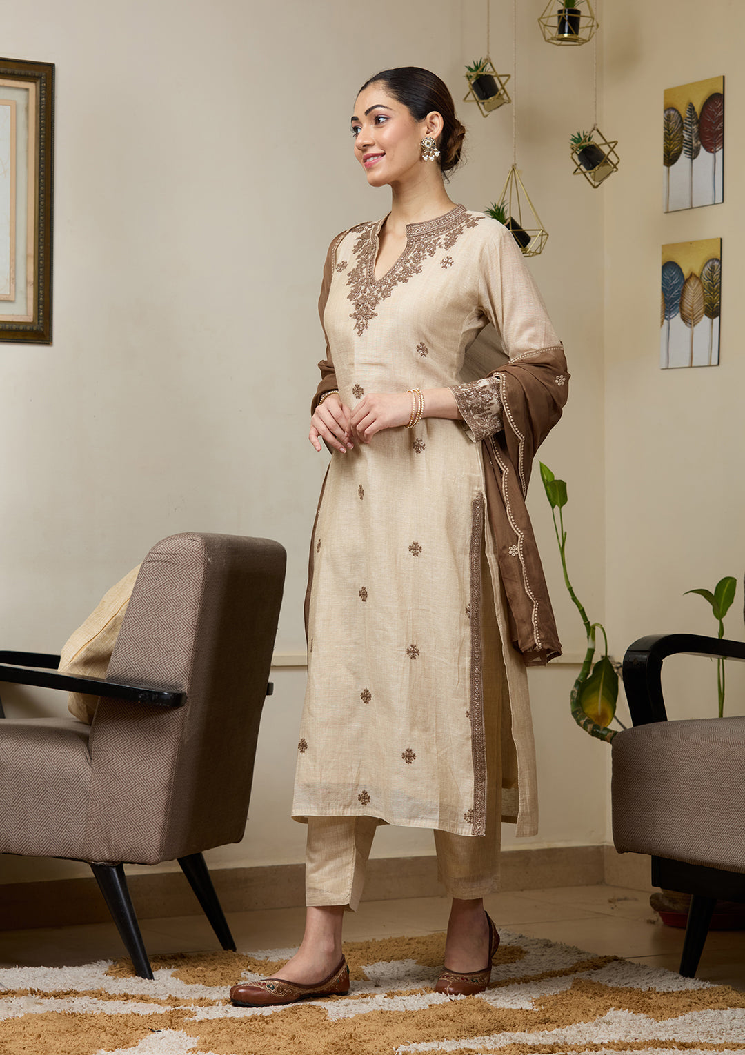 Beige Brown Chanderi Threadwork Straight Kurta With Pant Regular And Dupatta