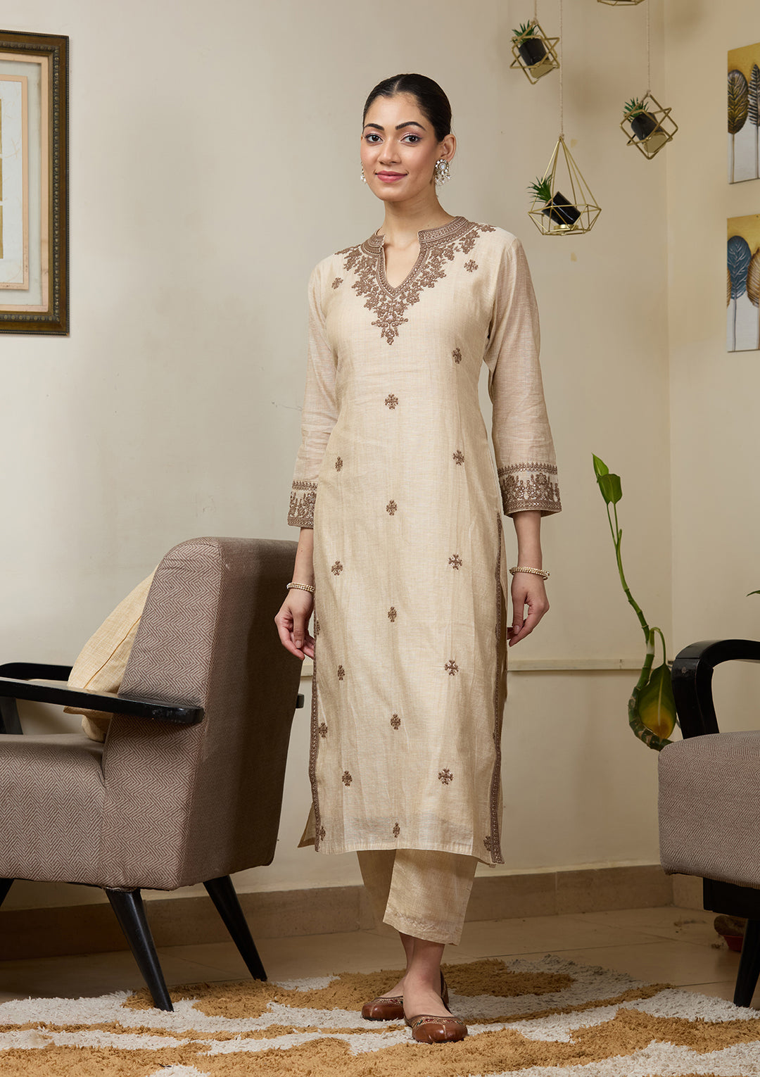 Beige Brown Chanderi Threadwork Straight Kurta With Pant Regular And Dupatta