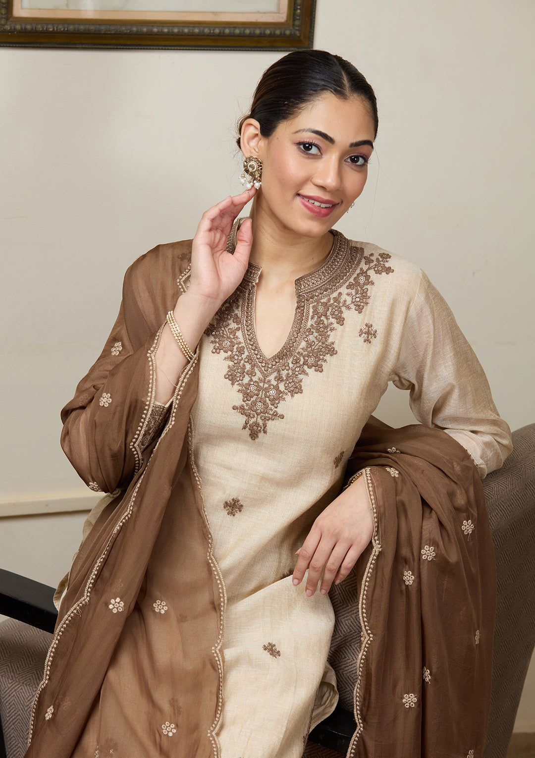 Beige Brown Chanderi Threadwork Straight Kurta With Pant Regular And Dupatta