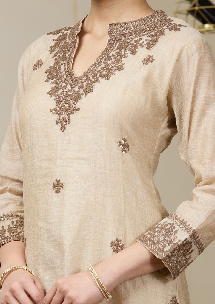 Beige Brown Chanderi Threadwork Straight Kurta With Pant Regular And Dupatta