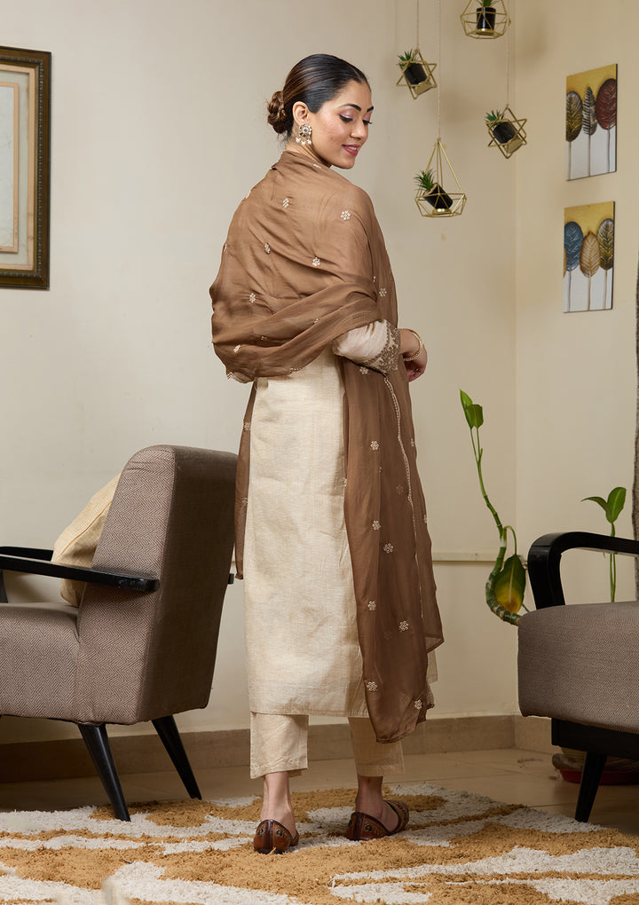 Beige Brown Chanderi Threadwork Straight Kurta With Pant Regular And Dupatta