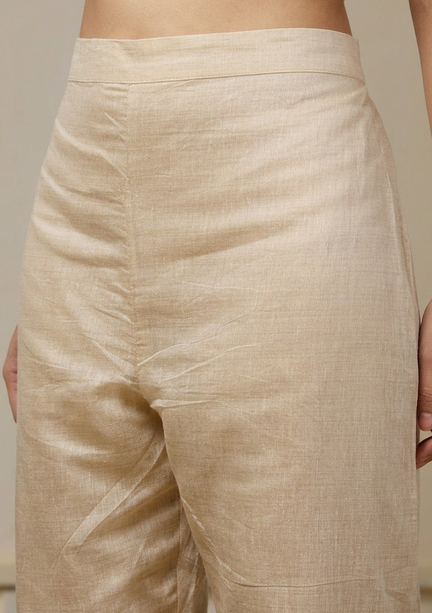 Beige Brown Chanderi Threadwork Straight Kurta With Pant Regular And Dupatta