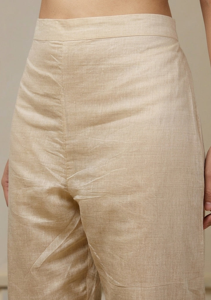 Beige Brown Chanderi Threadwork Straight Kurta With Pant Regular And Dupatta