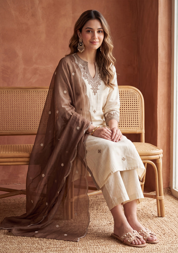 Beige Threadwork Chanderi Readymade Salwar Suit