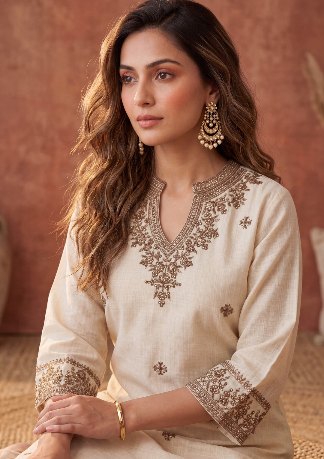 Beige Threadwork Chanderi Readymade Salwar Suit