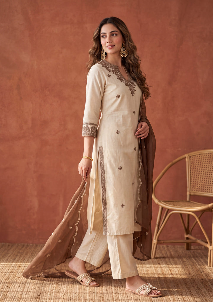 Beige Threadwork Chanderi Readymade Salwar Suit